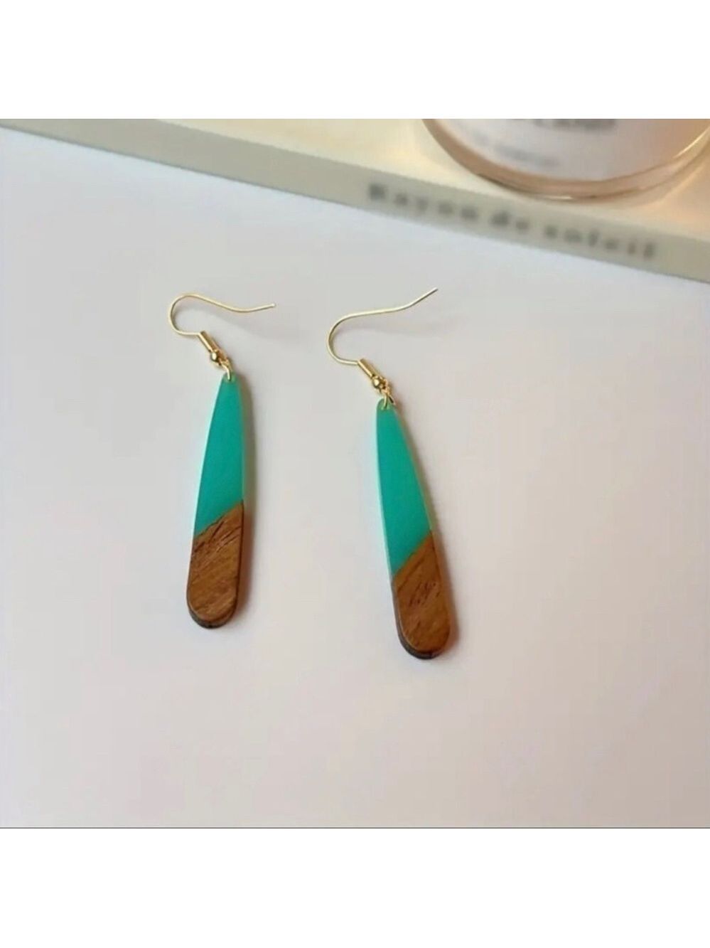 Wood Turquoise Resin Two Tone Tear Drop Dangle Earrings Boho - Picture 3 of 5